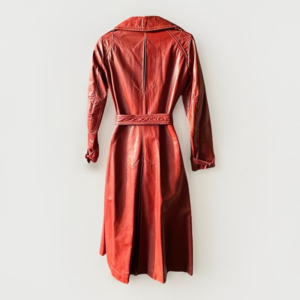 VTG 70s Sears JR Bazaar Leather Trench Coat Women's 7 Rust Red Retro Chic Disco - Picture 4 of 16